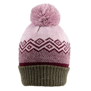 Women’s Jacquard Knitted Bobble Hat with Geometric Pattern in Lilac Moss