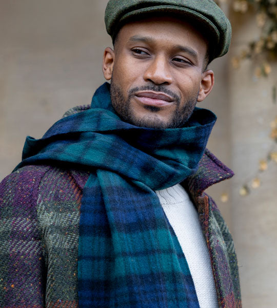 Man wearing cashmere scarf with hat outdoors