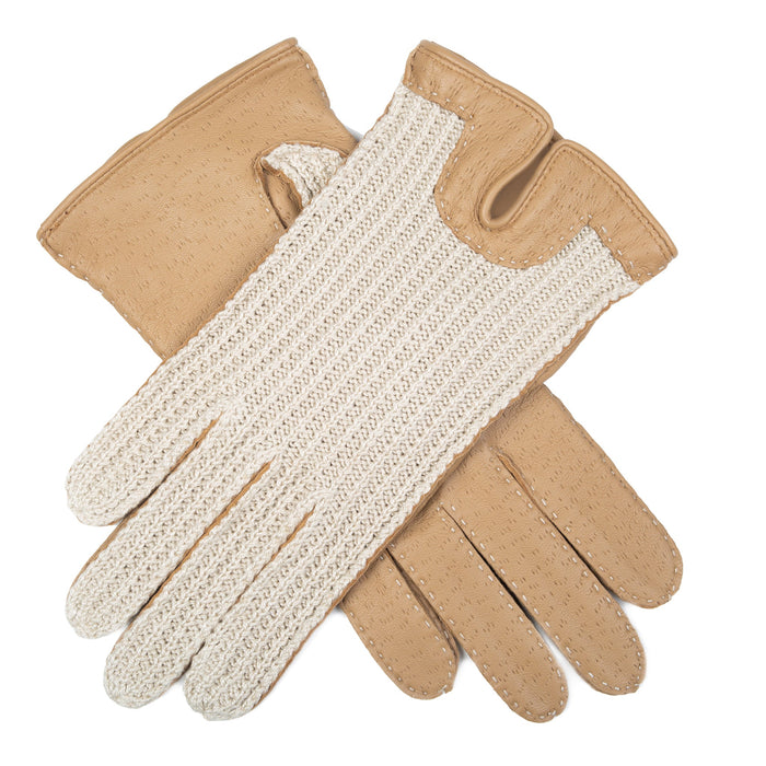 Women's Handsewn Crochet Back Imitation Peccary Leather Driving Gloves in Toffee