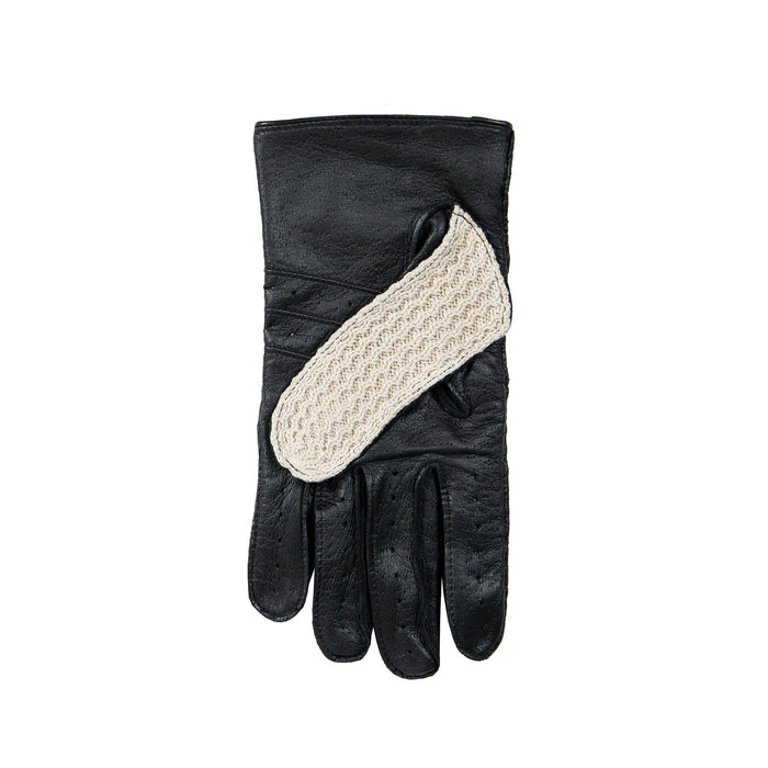 Men’s Crochet-Back Imitation Peccary Leather Driving Gloves in Black left
