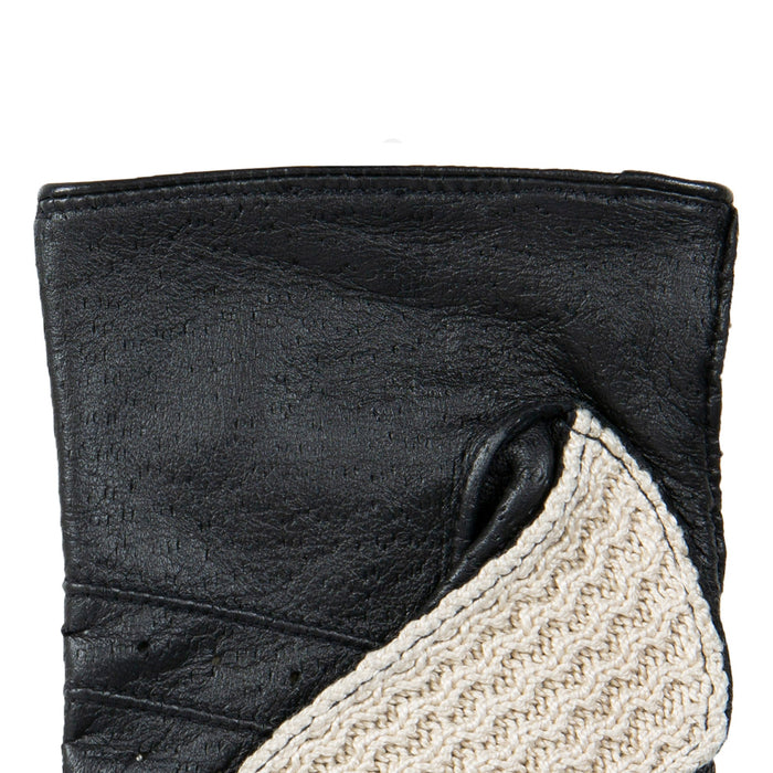 Men’s Crochet-Back Imitation Peccary Leather Driving Gloves in Black left cuff