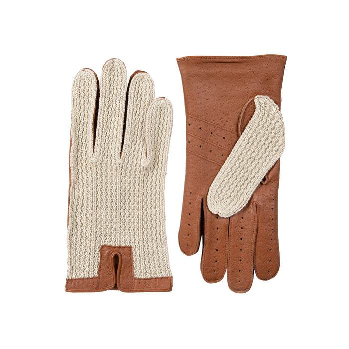 Men’s Crochet-Back Imitation Peccary Leather Driving Gloves in cognac side by side