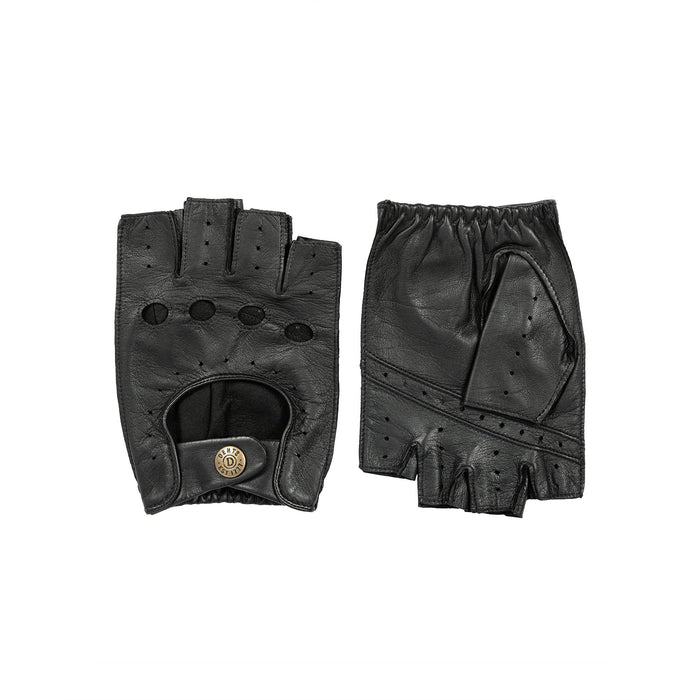 Men's fingerless leather driving gloves in black - both gloves