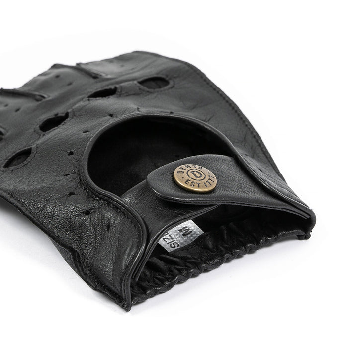 Men's fingerless leather driving gloves in black open cuff with the dents stud