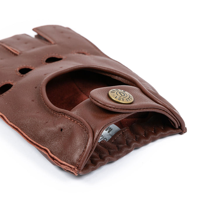 Men's Fingerless Leather Driving Gloves in English Tan open cuff