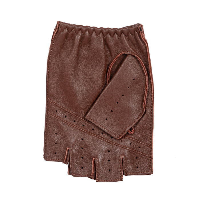 Men's Fingerless Leather Driving Gloves in English Tan left glove