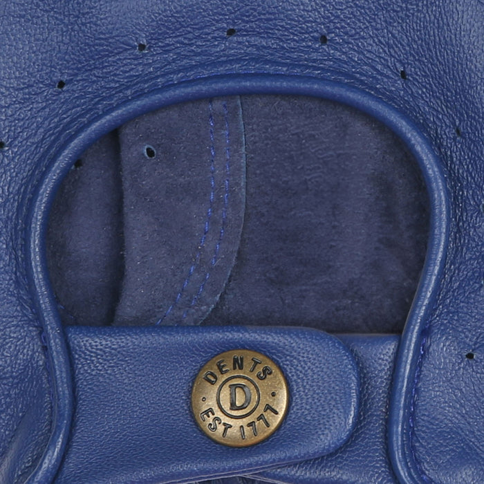 Men's Fingerless Leather Driving Gloves in Royal Blue fastening