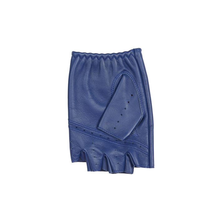 Men's Fingerless Leather Driving Gloves in Royal Blue left glove