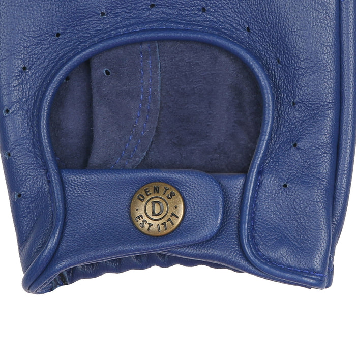 Men's Fingerless Leather Driving Gloves in Royal Blue right cuff