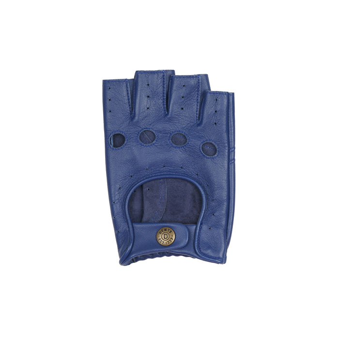 Men's Fingerless Leather Driving Gloves in Royal Blue right glove