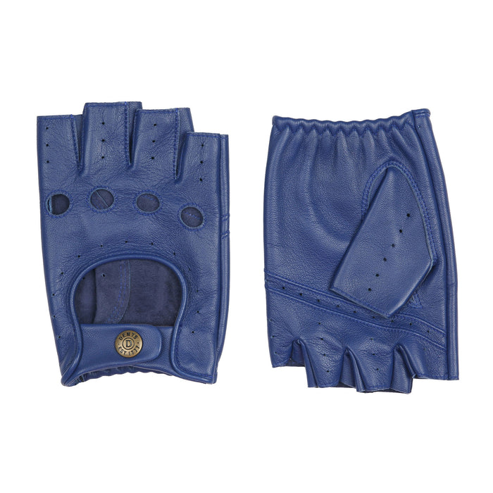 Men's Fingerless Leather Driving Gloves in Royal Blue side by side
