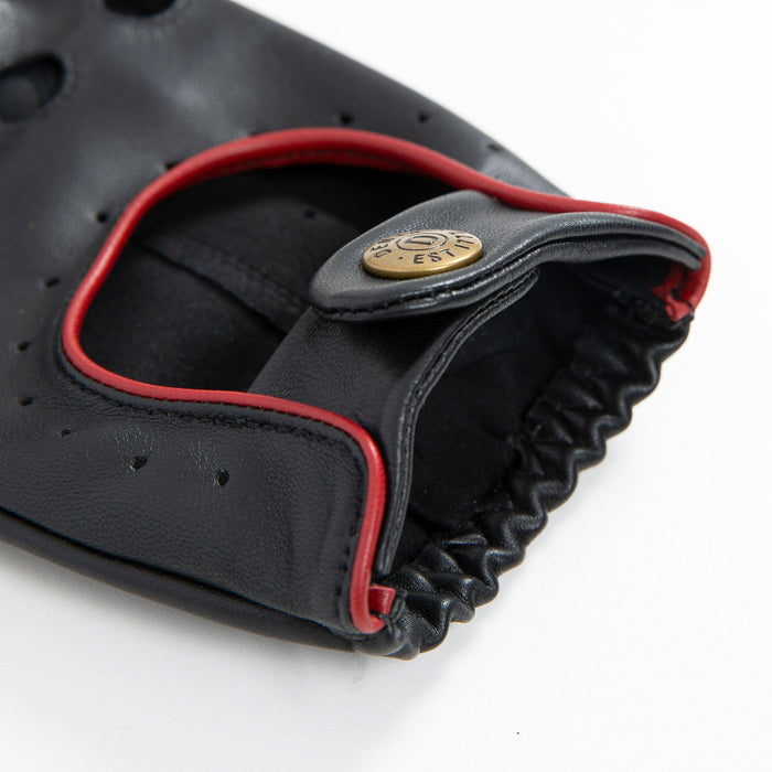 Men's leather driving gloves in black/berry open cuff with stud