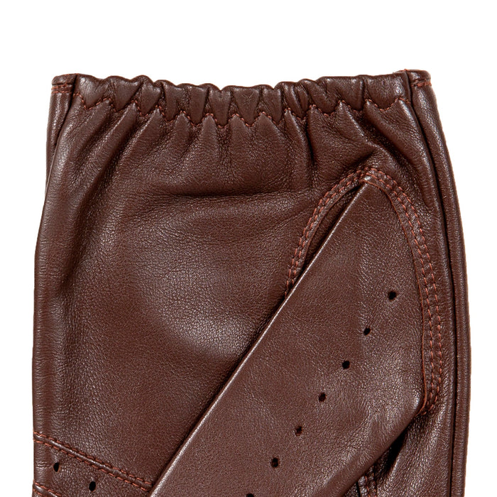 Men's leather driving gloves in English tan brown left cuff