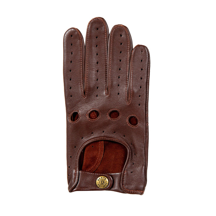 Men's leather driving gloves in English tan brown right