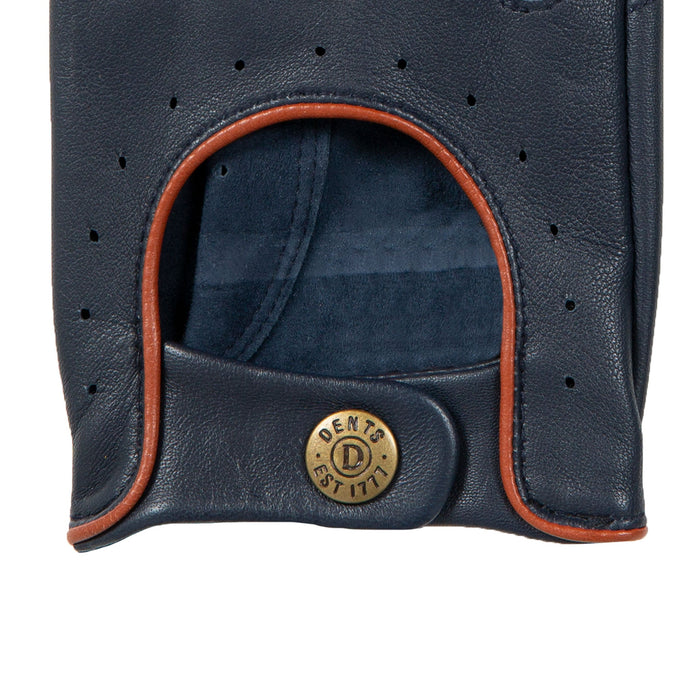 Men's leather driving gloves in Navy blue with Tan brown trim  right stud