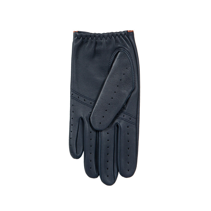 Men's leather driving gloves in Navy blue with Tan brown trim  left glove