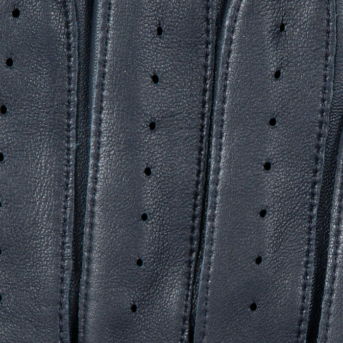 Men's leather driving gloves in Navy blue with Tan brown trim fingers