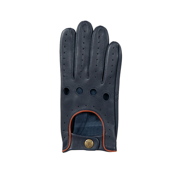 Men's leather driving gloves in Navy blue with Tan brown trim  right glove