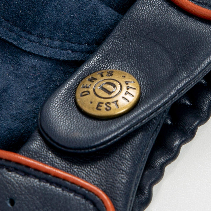 Men's leather driving gloves in Navy blue with Tan brown trim  stud