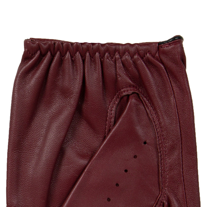 Men's leather driving gloves in Wine red with Black trim left cuff