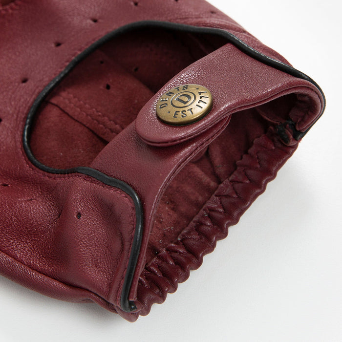 Men's leather driving gloves in Wine red with Black trim open cuff