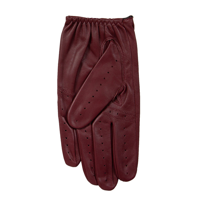 Men's leather driving gloves in Wine red with Black trim left glove