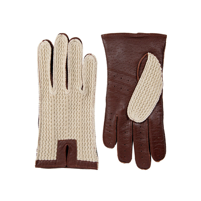 Men’s Crochet-Back Imitation Peccary Leather Driving Gloves in english tan side by side