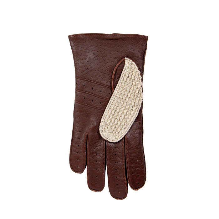 Men’s Crochet-Back Imitation Peccary Leather Driving Gloves in english tan left