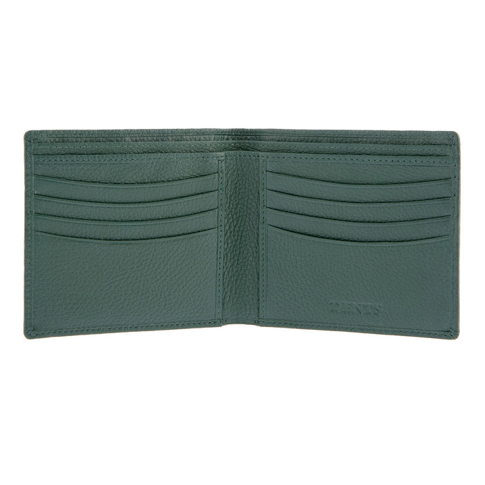Men's Bottle Green Slim Pebble Grain Leather Bifold Wallet with RFID Blocking Open