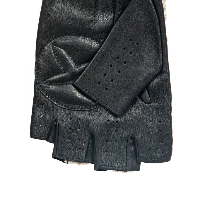 Men's the suited racer fingerless crochet gloves leather driving gloves black close up of palm