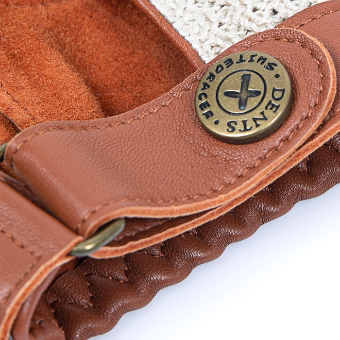 Men's the suited racer fingerless crochet gloves leather driving gloves english tan close up of the strap