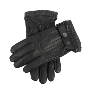 Men’s Black/Grey Touchscreen Wool Blend-Lined Leather Gloves with Vertical Stitch Design and Knitted Cuffs