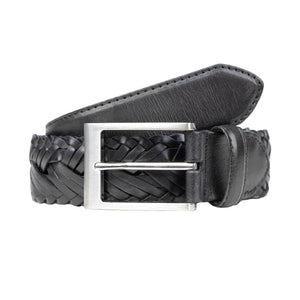 Men's woven leather belt with brushed silver buckle in black, diagonal.