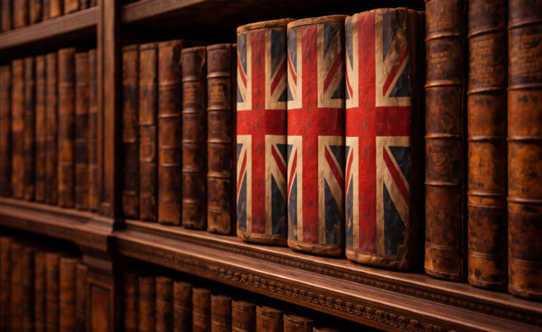 old books on a bookshelf with united kingdom flags for archive heritage sale