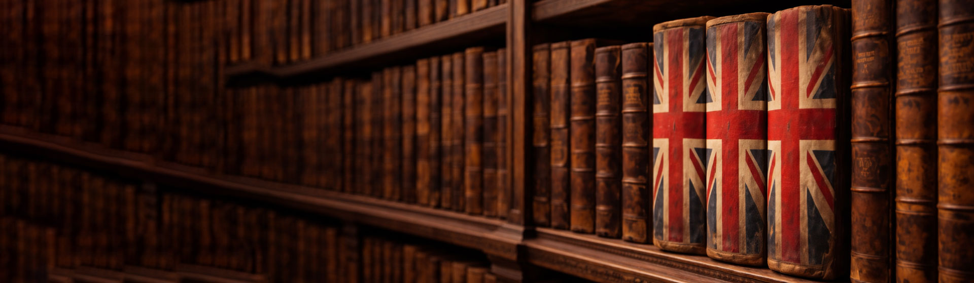 Old books on a bookshelf with united kingdom flag. 