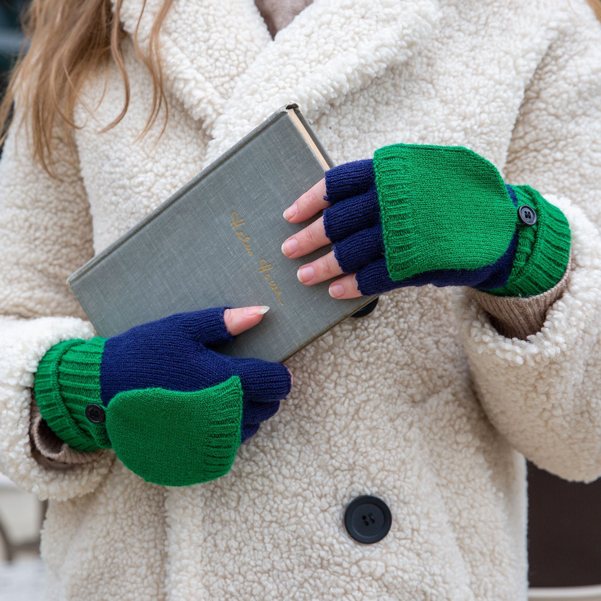 Women's Two-Tone Knitted Fingerless Gloves with Mitten Flap Dents