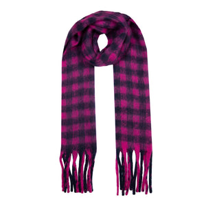 Women's Fuchsia and Navy Buffalo Check Blanket Scarf with tassels