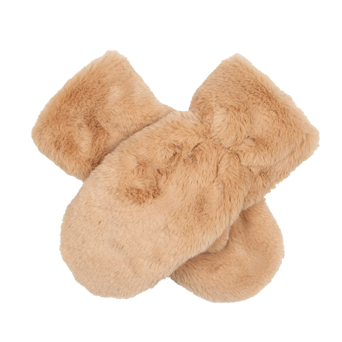Women's faux fur mittens in camel - criss cross
