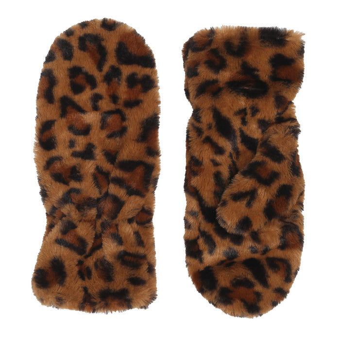 Women's faux fur mittens in tan animal - both gloves side by side
