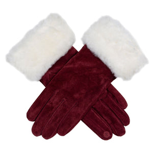 Women's faux suede gloves with white faux fur cuff in burgundy