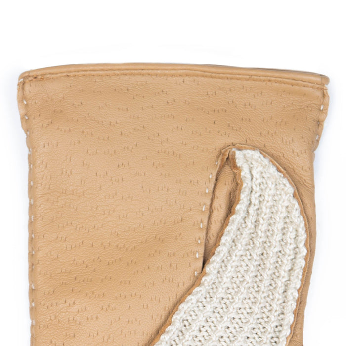 Women's Handsewn Crochet Back Imitation Peccary Leather Driving Gloves in Toffee left cuff