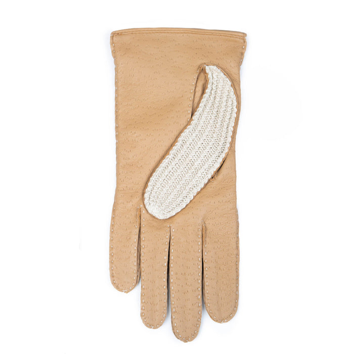 Women's Handsewn Crochet Back Imitation Peccary Leather Driving Gloves in Toffee left