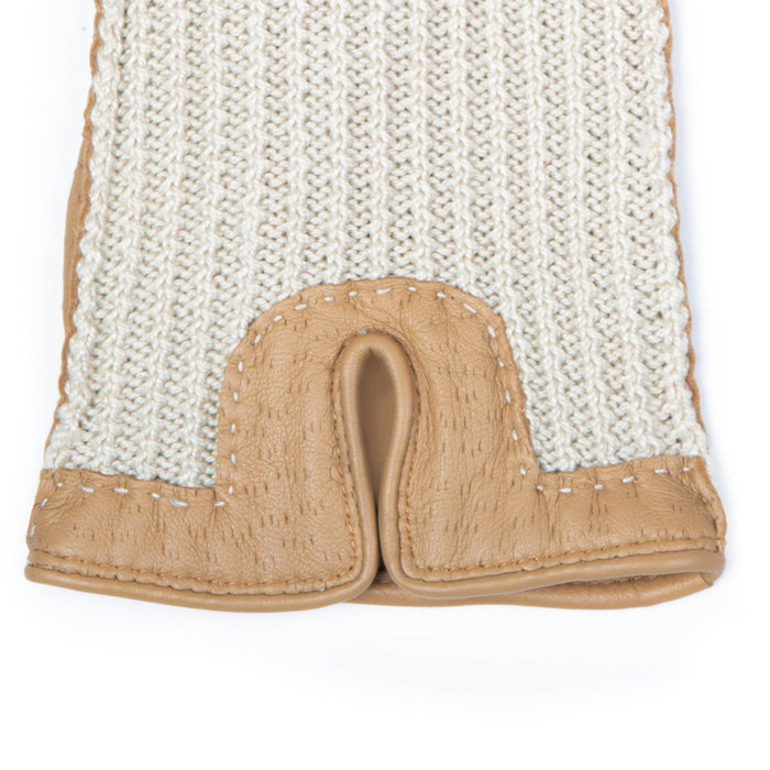 Women's Handsewn Crochet Back Imitation Peccary Leather Driving Gloves in Toffee right cuff