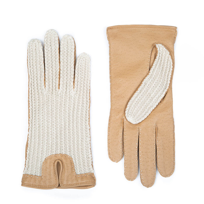 Women's Handsewn Crochet Back Imitation Peccary Leather Driving Gloves in Toffee side by side