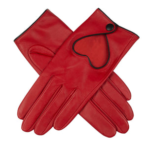 Women's leather driving gloves with heart cut out in berry/black - criss cross