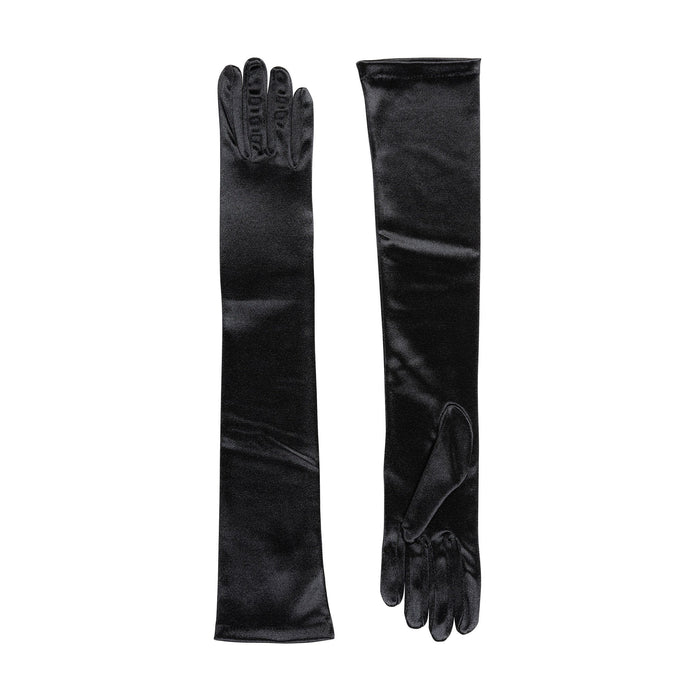 Women's long above-elbow satin gloves in black - both gloves 