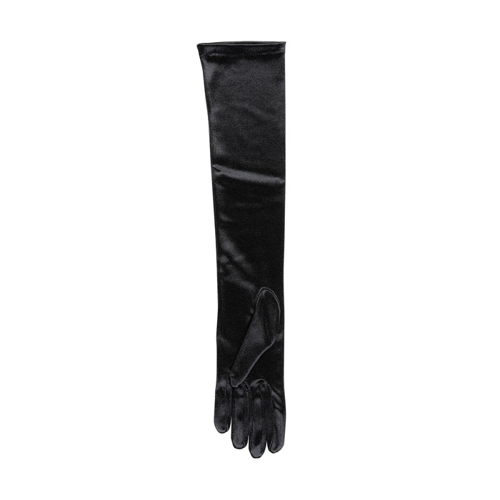 Women's long above-elbow satin gloves in black - single glove palm side up