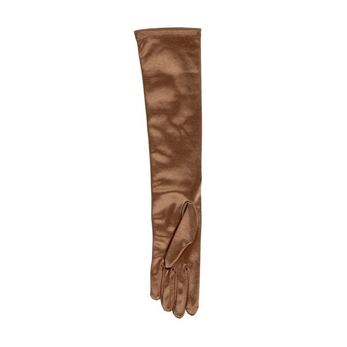 Women's long above-elbow satin gloves in bronze -  palm side up