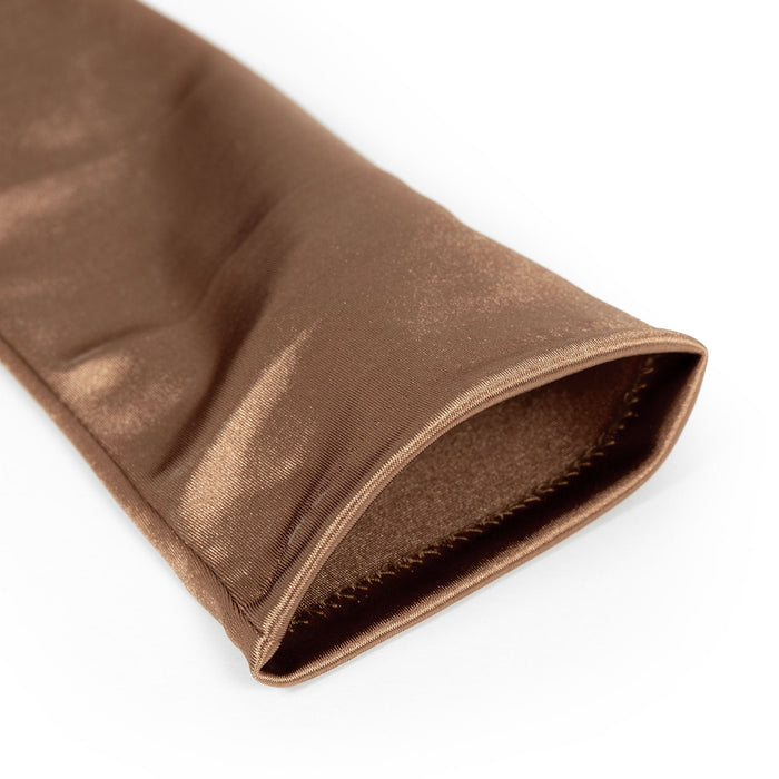 Women's long above-elbow satin gloves in bronze - open cuff