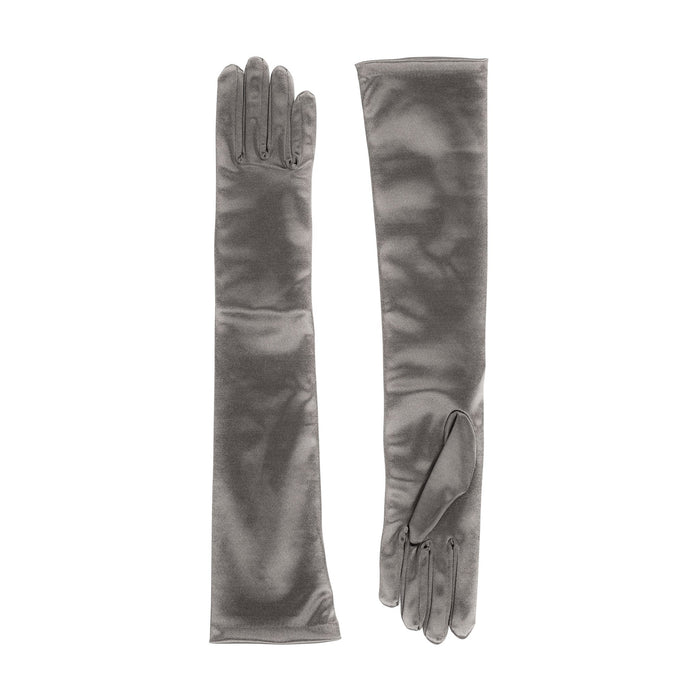 Women's long above-elbow satin gloves in pewter - both gloves